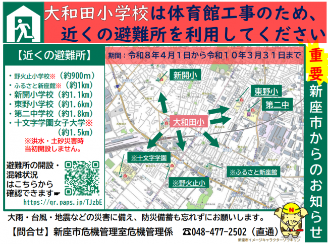 大和田小学校は体育館工事のため、近くの避難所を利用してください(案内図)