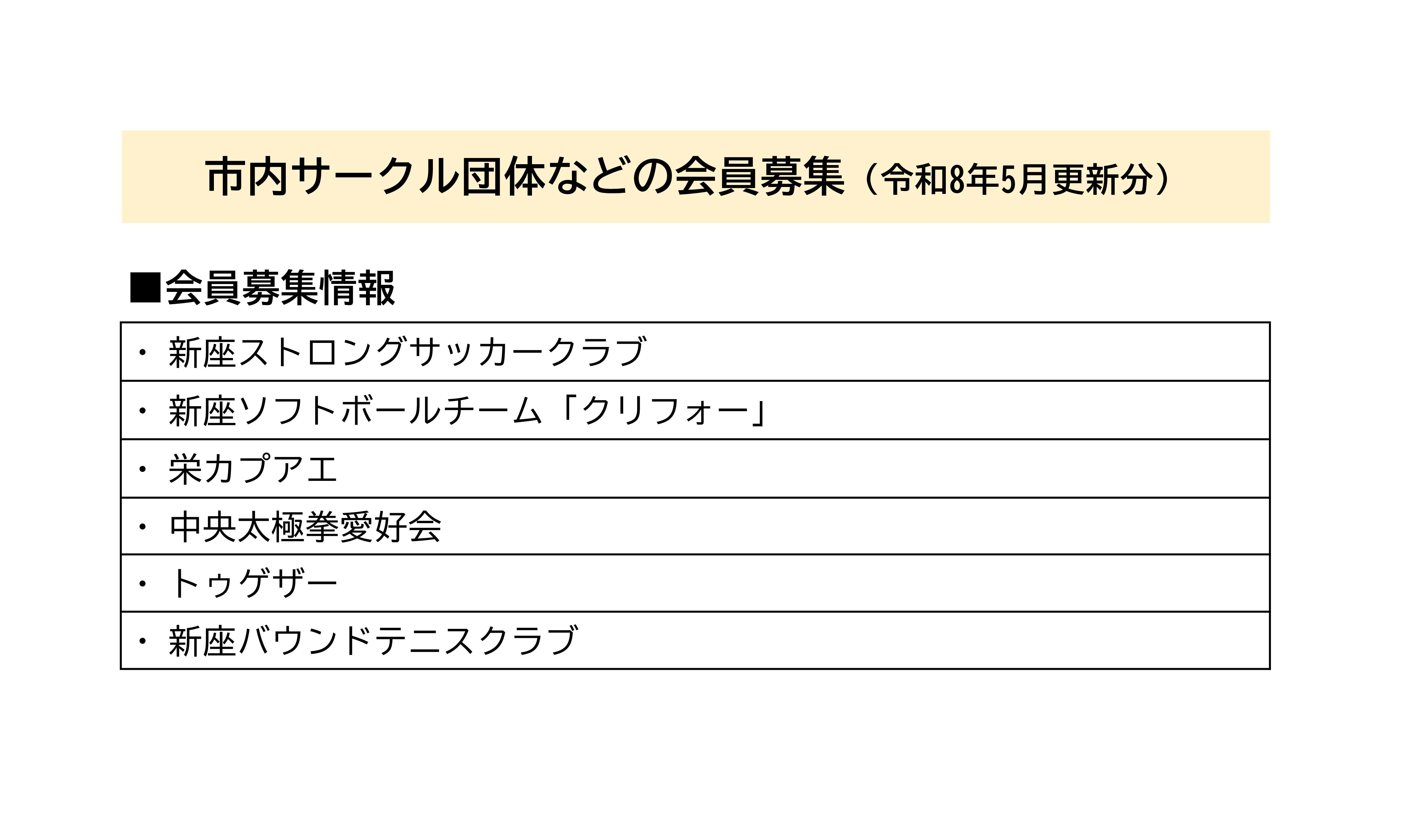 市内サークル団体などの会員募集一覧（令和8年5月更新分）
