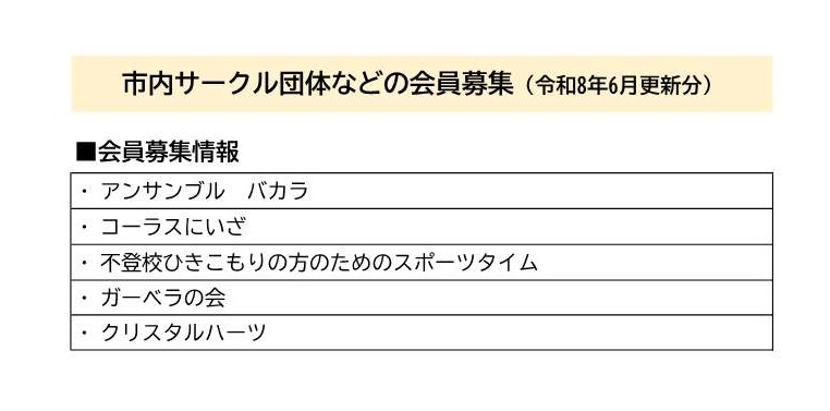 市内サークル団体などの会員募集一覧(令和8年6月更新分)